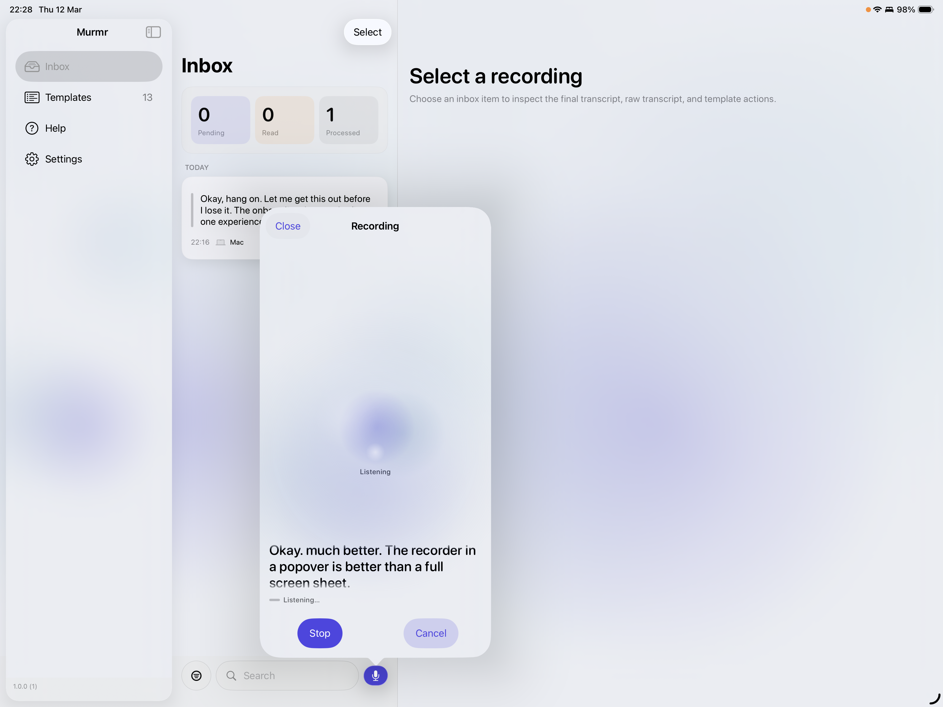 Record mode in a popover on iPad