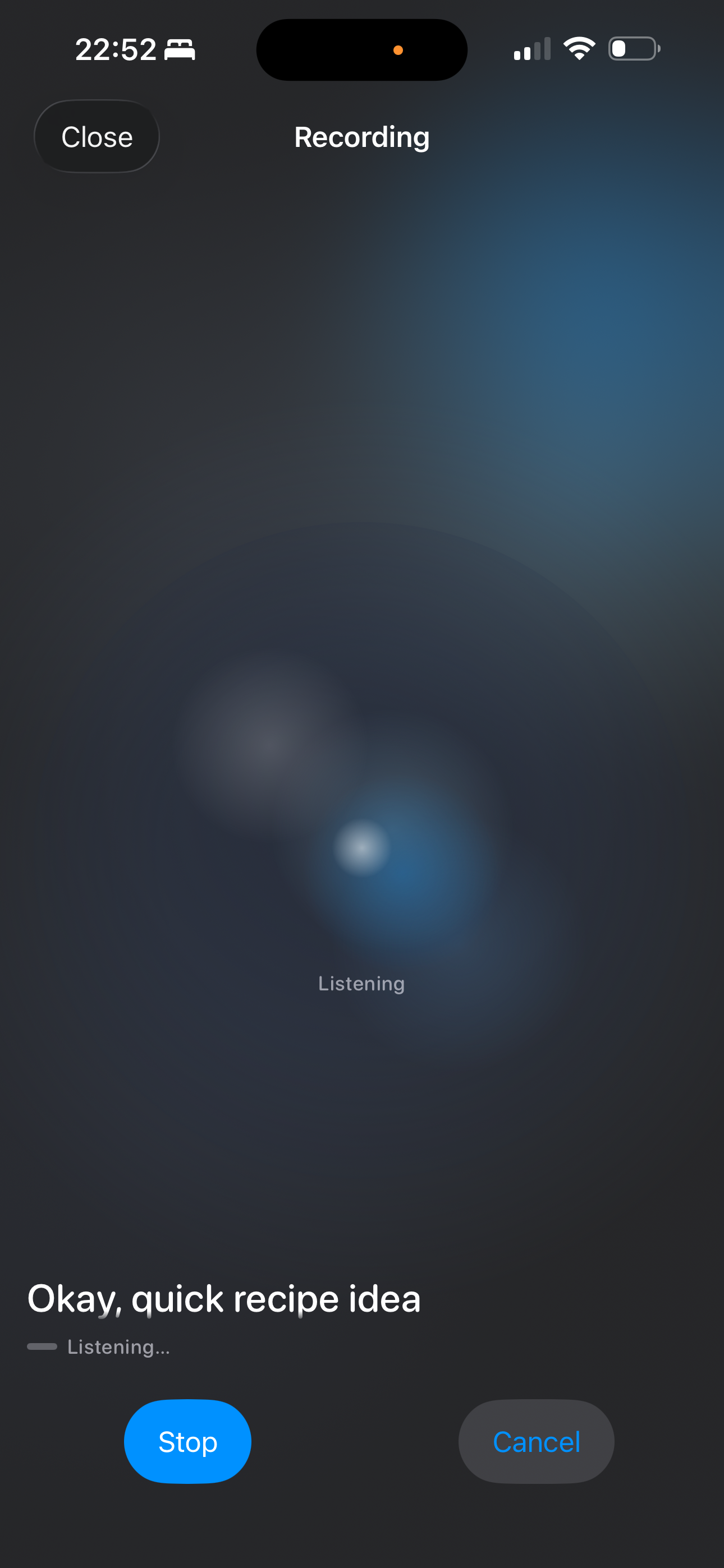 Recording screen on iPhone with full-bleed orb and live transcript