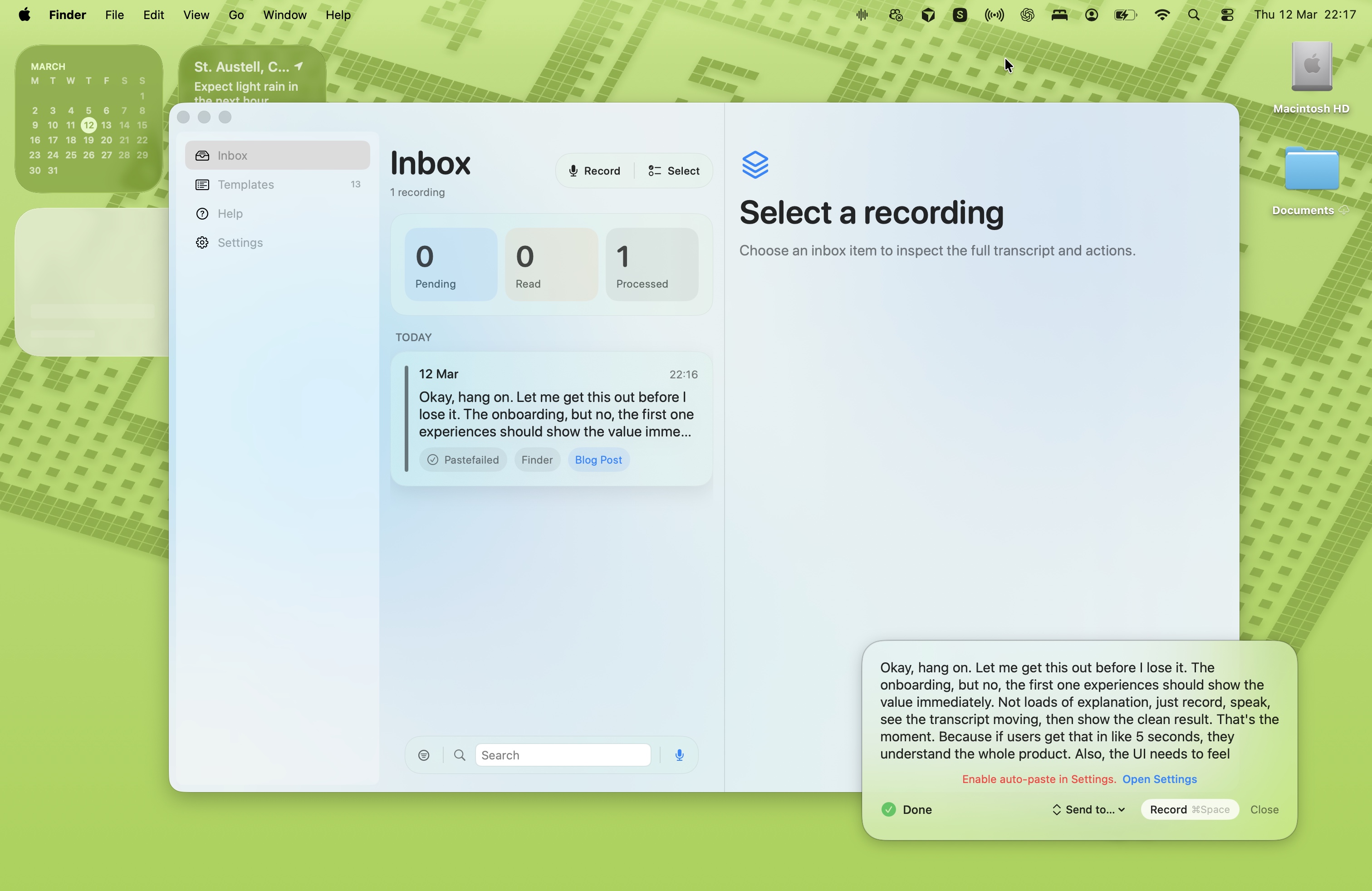 macOS inbox and recorder